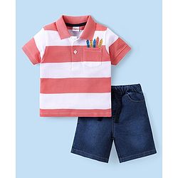 Babyhug Cotton Lycra Knit Half Sleeves Striped T-Shirt & Shorts Set with Crayon Print - Coral & Blue