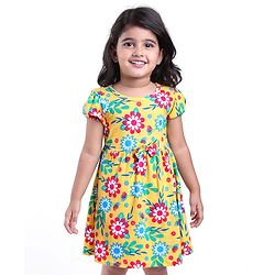 Babyhug Single Jersey Knit Half Sleeves Frock with Bloomer & Bow Applique Floral Print - Yellow