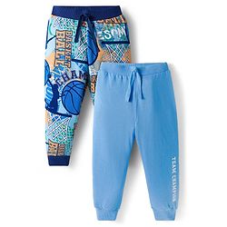 Babyhug Cotton Knit Full Length Lounge Pants Basketball Theme Print Pack of 2 - Blue