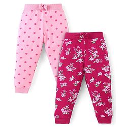 Babyhug Cotton Knit Full Length Lounge Pants With Floral & Polka Dots Print Pack Of 2 - Pink & Maroon