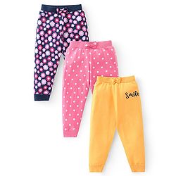 Babyhug Cotton Knit Full Length Lounge Pants with Floral & Polka Dots Print Pack of 3 - Multicolour