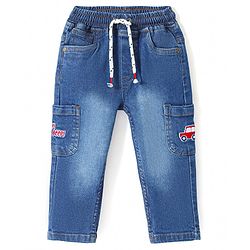 Babyhug Denim Washed Full Length Jeans with Stretch & Car Applique - Blue