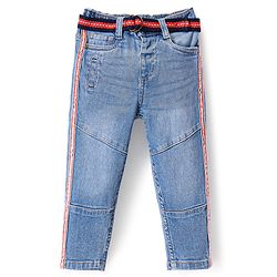 Babyhug Cotton Full Length Stretchable Denim Washed Jeans with Cut & Sew Design & Side Tape Detailing - Blue