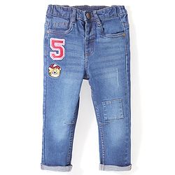 Babyhug Denim Full Length With Stretch Washed Jeans Tiger Embroidered - Blue