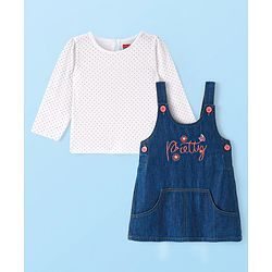 Babyhug Denim Woven Frock With Full Sleeves Inner Tee & Text Embroidery - Blue