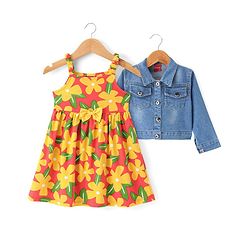 Babyhug Cotton Knit Floral Printed Frock With Full Sleeves Denim Jacket - Dark Pink Yellow & Blue