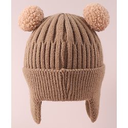 Babyhug Cable Knitted Woollen Cap with Teddy Bear Applique & Pom Pom - Khaki