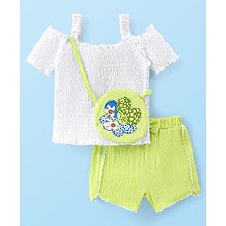 Babyhug Cotton Knit Cold Shoulder Smocking Detailing Top & Crinkle Shorts Set With Floral Sling Bag - White & Green