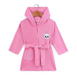Babyhug Cotton Terry Knit Full Sleeves Hooded Bath Robe with Pocket Cat Embroidery - Pink