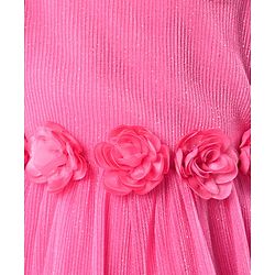 Babyhug Woven Mesh Sleeves Fit & Flare Tiered Party Frock with Floral Applique -Pink