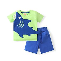 Babyhug Cotton Knit Half Sleeves T-Shirt & Shorts Set With Shark Applique - Green & Blue