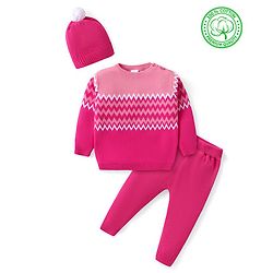 Babyhug Knitted Full Sleeves Pullover Sweater Set with Cap & Chevron Design - Pink