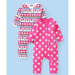 Babyhug 100% Cotton Knit Full Sleeves Floral Printed Romper Pack of 2 - Pink
