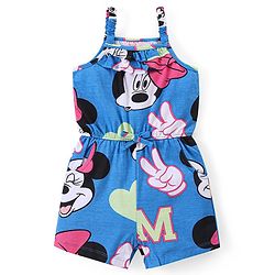 Babyhug Disney Cotton Knit Sleeveless Singlet Jumpsuit with Minnie Mouse Print - Blue