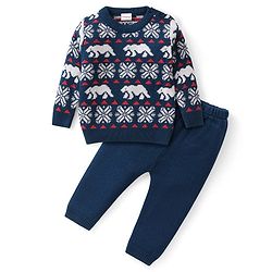 Babyhug Knitted Full Sleeves Sweater Set with Bear & Aztec Design - Navy Blue