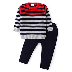 Babyhug Knit Full Sleeves Sweater Set With Stripes - Multicolour