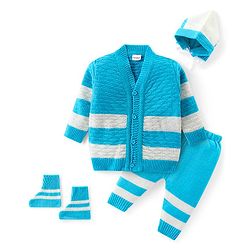 Babyhug Knit Full Sleeves Striped Sweater Set with Cap & Socks - White & Blue