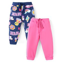 Babyhug Cotton Knit Full Length Lounge Pants With Tape Detail & Text Print Pack Of 2 - Pink & Navy Blue