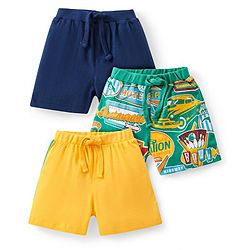 Babyhug Cotton Knit Shorts with Car & Text Print Pack of 3 - Blue Green & Yellow