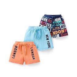 Babyhug Cotton Shorts with Draw Cord Cities Print Pack of 3 - Orange Light Blue & Navy