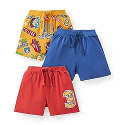 Babyhug Cotton Knit Shorts with Number & Text Print Pack of 3 - Blue Red & Yellow