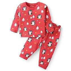 Babyhug Cotton Knit Full Sleeves Night Suit With Penguin Print - Red