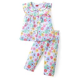 Babyhug Frill Sleeves Peter Pan Collar Front Open Night Suit with Floral Print - White