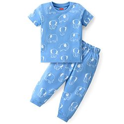 Babyhug Cotton Knit Half Sleeves Night Suit With Elephant Print - Blue