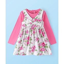 Babyhug Single Jersey Knit Frock with Full Sleeves Inner Tee Floral Print & Bow Applique - Pink & White