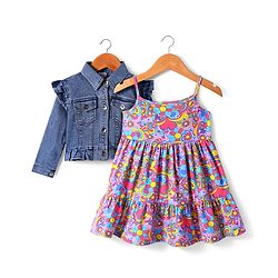 Babyhug Single Jersey Knit Floral Printed Frock With Full Sleeves Denim Jacket - Navy Blue