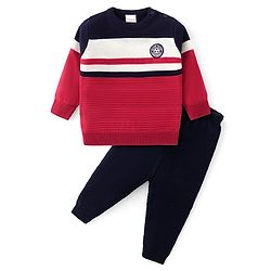 Babyhug Knit Full Sleeves Sweater Set with Strips Design - Red
