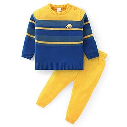 Babyhug Knitted Full Sleeves Sweater Set with Stripes & Patch Work Detailing - Mustard & Blue