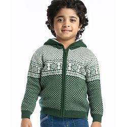 Babyhug Knitted Full Sleeves Hooded Front Open Sweater With Aztec Design- Green