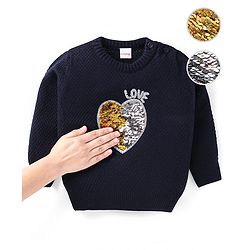 Babyhug Knitted Full Sleeves Pullover Sweater With Reversible Sequin Embroidery - Navy Blue
