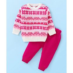 Babyhug Knitted Full Sleeves Pullover Sweater Set With Heart Design - Dark Pink