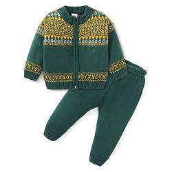 Babyhug Knitted Full Sleeves Front Open Sweater Set with Intarsia Design - Dark Green