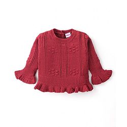 Babyhug Knitted Full Bell Sleeves Pullover Sweater with Floral Design - Rust