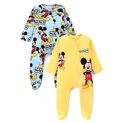 Babyhug Disney Single Jersey Knit Full Sleeves Sleep Suits With Mickey Mouse Graphics Pack Of 2 - Yellow & Blue