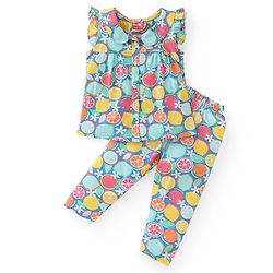 Babyhug Cotton Knit Frill Sleeves Peter Pan Collared Night Suit With Floral Print - Multicolor