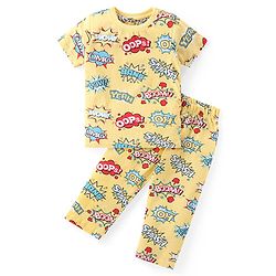 Babyhug Cotton Knit Half Sleeves Night Suit With Text Print - Yellow