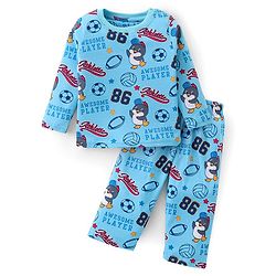 Babyhug Cotton Knit Full Sleeves Night Suit Football Print- Blue