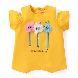 Babyhug Cotton Knit Half Sleeves Top With Fur Applique & Text Print - Orange