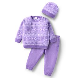 Babyhug Knit Full Sleeves Sweater Set with Cap Aztec Design - Lilac