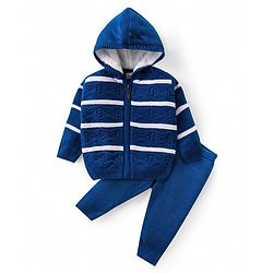 Babyhug Knit Full Sleeves Hooded Striped Sweater Set - Navy Blue