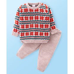 Babyhug Knitted  Full Sleeves Pullover Striped Sweater Set - White Red & Green