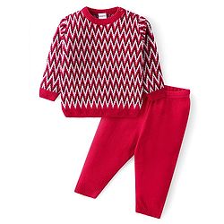 Babyhug Knitted Full Sleeves Sweater Set with Chevron Design - Red
