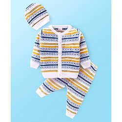 Babyhug Knit Full Sleeves Front Open Sweater Set with Cap & Stripes Design - Multicolour