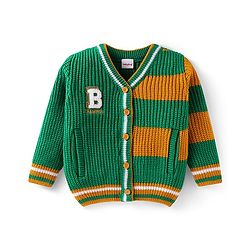 Babyhug Knitted Full Sleeves Front Open Sweater With Text Patch & Colour Block Design - Green & Yellow