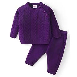 Babyhug Knit Full Sleeves Pullover Sweater Set with Cable Knit Design - Purple