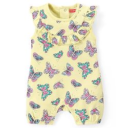 Babyhug 100% Cotton Knit Frill Sleeves Romper Butterfly Print - Green